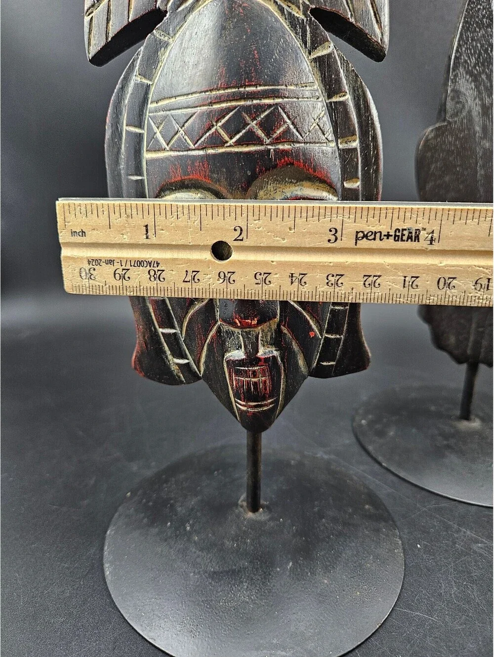 2 Vintage Hand-Carved Tribal Mask Pillar Candle Holders Iron Stands Folk Art